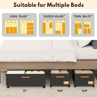 Under Bed Storage with Wheels 39inch, Extra Long Under Bed Storage Bins, Low Profile Under Bed Storage 5.5inch Height No Assemble Storage Containers, Under Bed Shoe Storage with Lids