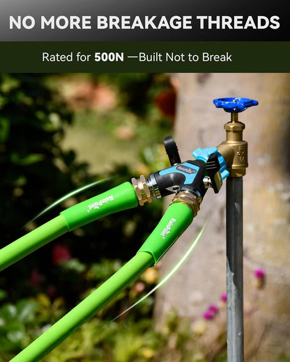 RAINPOINT Garden Hose Splitter 2 Way, All Metal Heavy Duty Water Hose Y Splitter With 2.05" Extra Long Side Handle & Shut Off Valves, 3/4 Inch GHT Thread Connector For Outdoor Spigot Faucet (Green)