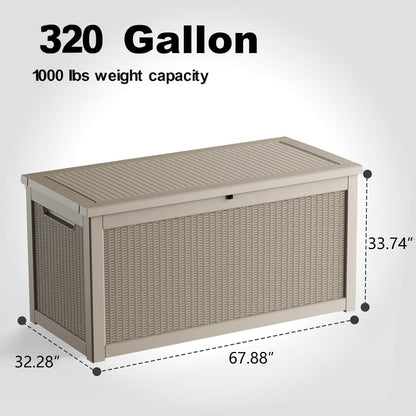 320 Gallon Waterproof Outdoor Storage Box, UV Resistant Resin Deck Box with Hydraulic Rod for Reinforced Stability, Perfect for Patio, Garden, and Pool（Black，320 Gallon）