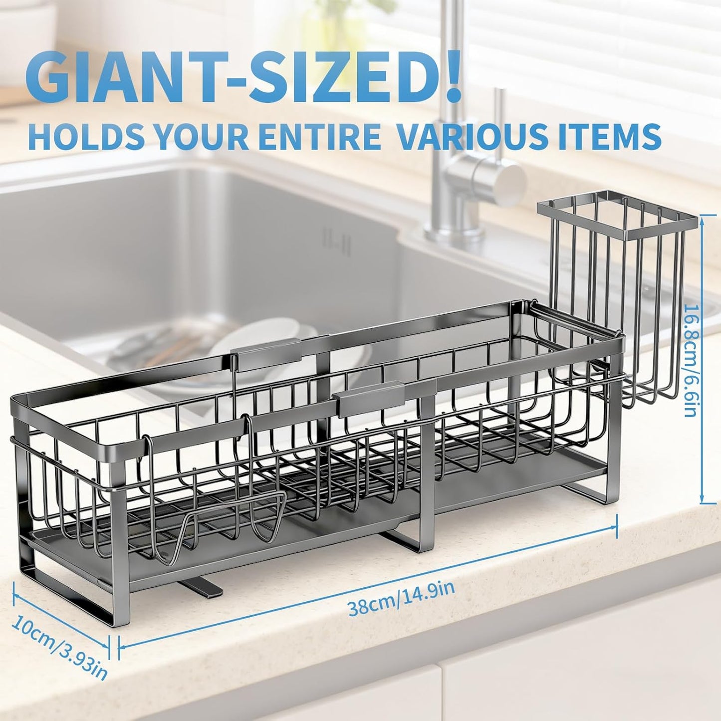 Aurblozen Extra Large Extendable Sponge Holder for Kitchen Sink, Rustproof Sink Caddy Organizer with High Brush Holder, Dish Soap Dispenser Organizers and Storage (Black)