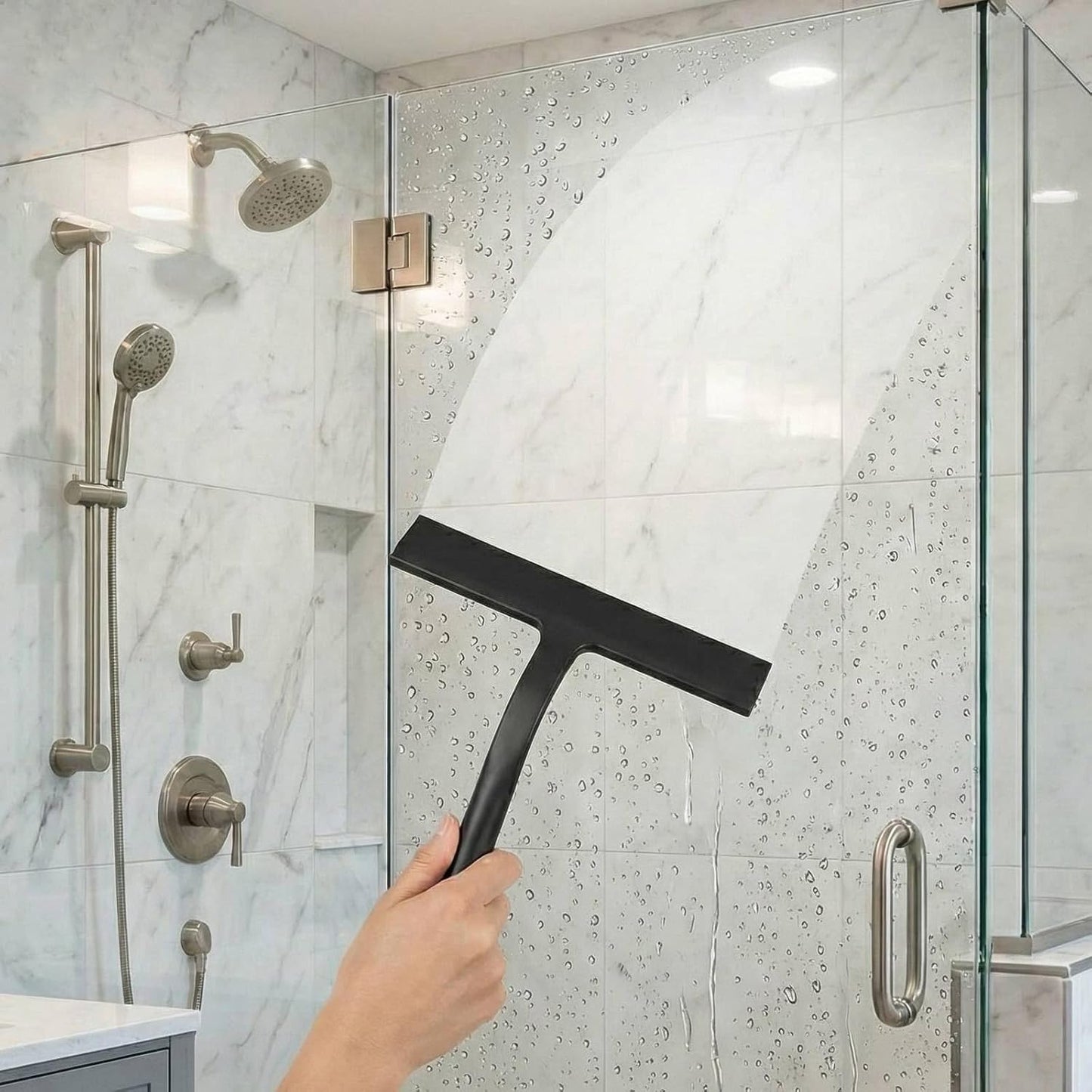 Shower Squeegee for Glass Doors, Hang Anywhere Silicone Shower Squeegee with Hook Design for Easy Hanging and Cleaning (Black)