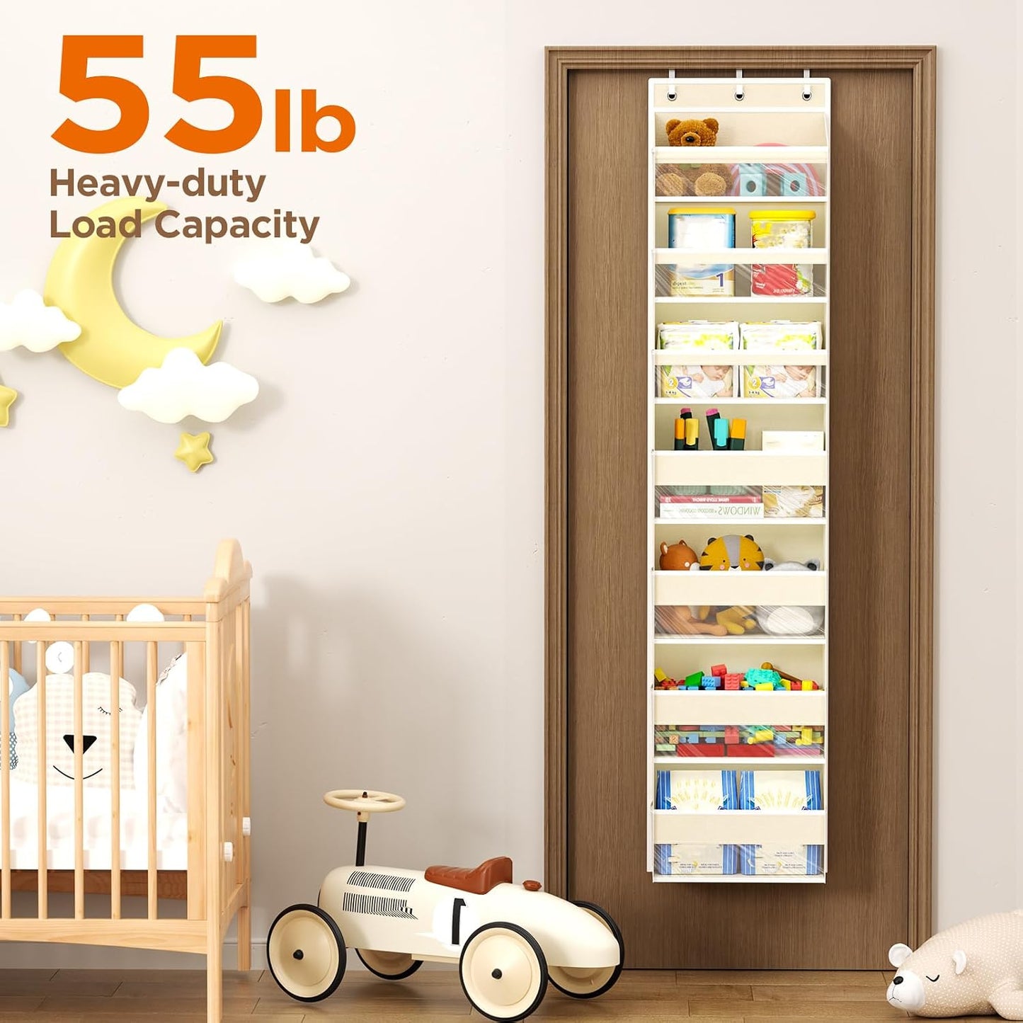 6 Tiers Over The Door Organizer, Heavy Duty Hanging Organizer Storage with Large Capacity Pockets, Behind Door Storage Hanging Shelves for Closet Wall Bathroom Bedroom Nursery Pantry, 1 Pack Grey