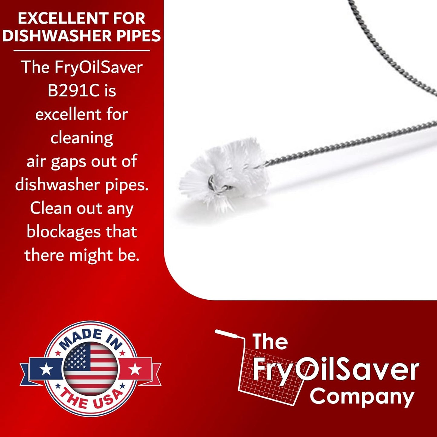 48" Air-Gap Drain Brush - Flexible Dishwasher and Sink Cleaner Tool for Home and Commercial Kitchen - Long Pipe Snake for Garbage Disposal, Shower, Hair Clog Remover - B291C by FryOilSaver Co.