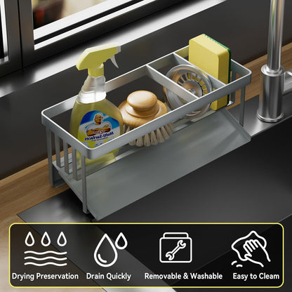 Kitchen Sink Caddy Organzier with Sponge Holder and Removable Drip Tray for Kitchen Sink, 304 Stainless Steel Organize for Sponge Soap Dish Brush Storage Accessories(Black)
