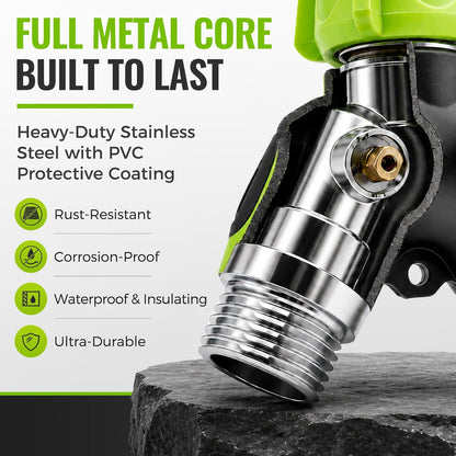 Hose Splitter 2 Way,Heavy Duty with Metal Internal Structure,Stainless Steel with Brass Inlet,Durable Anti-Slip Coated Leak-Proof Y Garden Hose Splitter,3/4" GHT Thread Garden Hose Connector