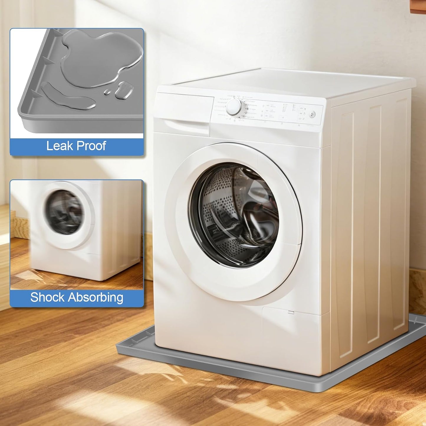 ToLanbbt 27" x 27" Washing Machine Drain Pan Mat, Soft Silicone Washer Drip Tray with 0.78" Raised Edge, Water-Proof Anti-Vibration Leak-Proof Floor Protector for Under Washer, Dryer, Fridge (Gray)