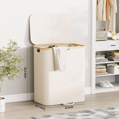 XLHOMO Double Laundry Hamper with Lid and Removable Bags, 150L Large Collapsible 2 Dividers Dirty Clothes Basket with Handles, Beige Double Laundry Basket Organizer for Bedroom,Laundry Room,College