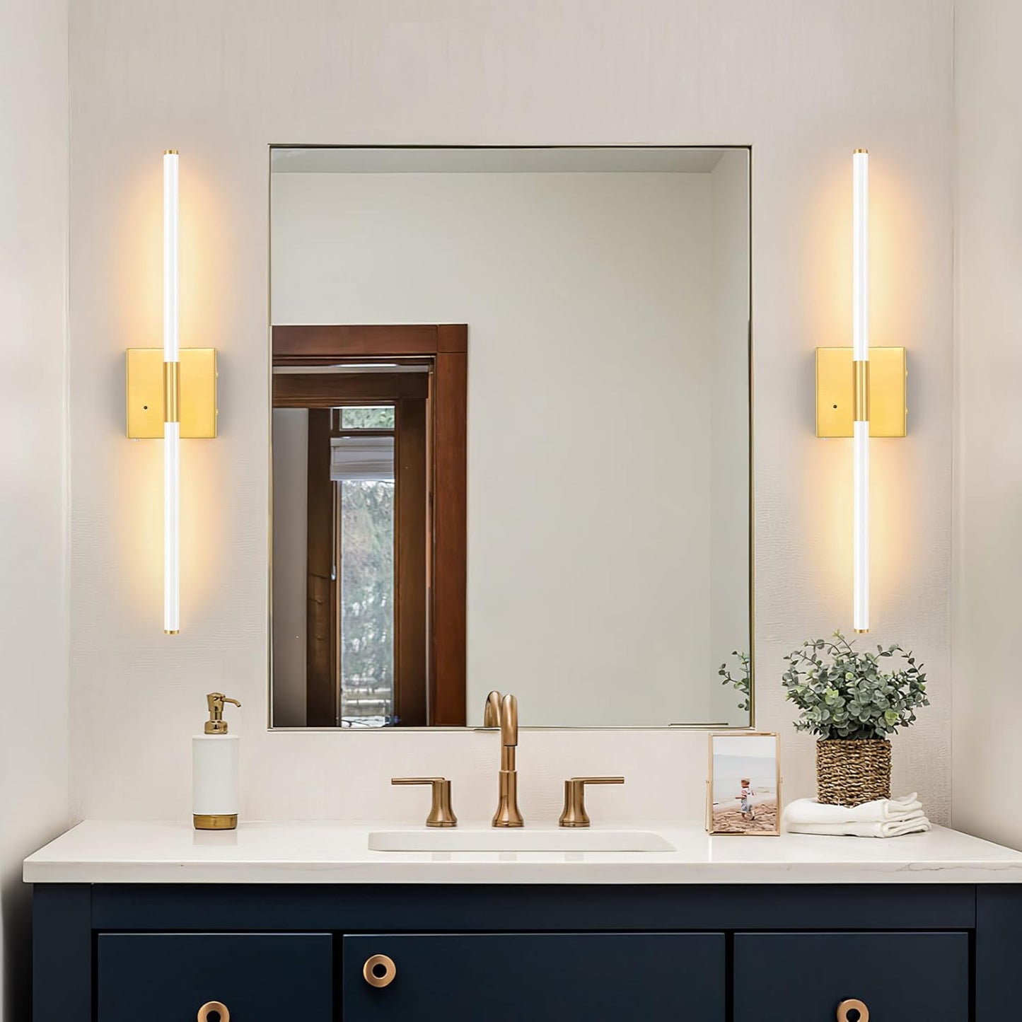 Morauroral Battery Operated Wall Sconces Set of 2, 10000mAh Rechargeable Sconces, 3000K-6000K Dimmable LED Wall Lamp with Remote, 24 Inch Black Gold Wireless Wall Lights for Bedroom, Living Room