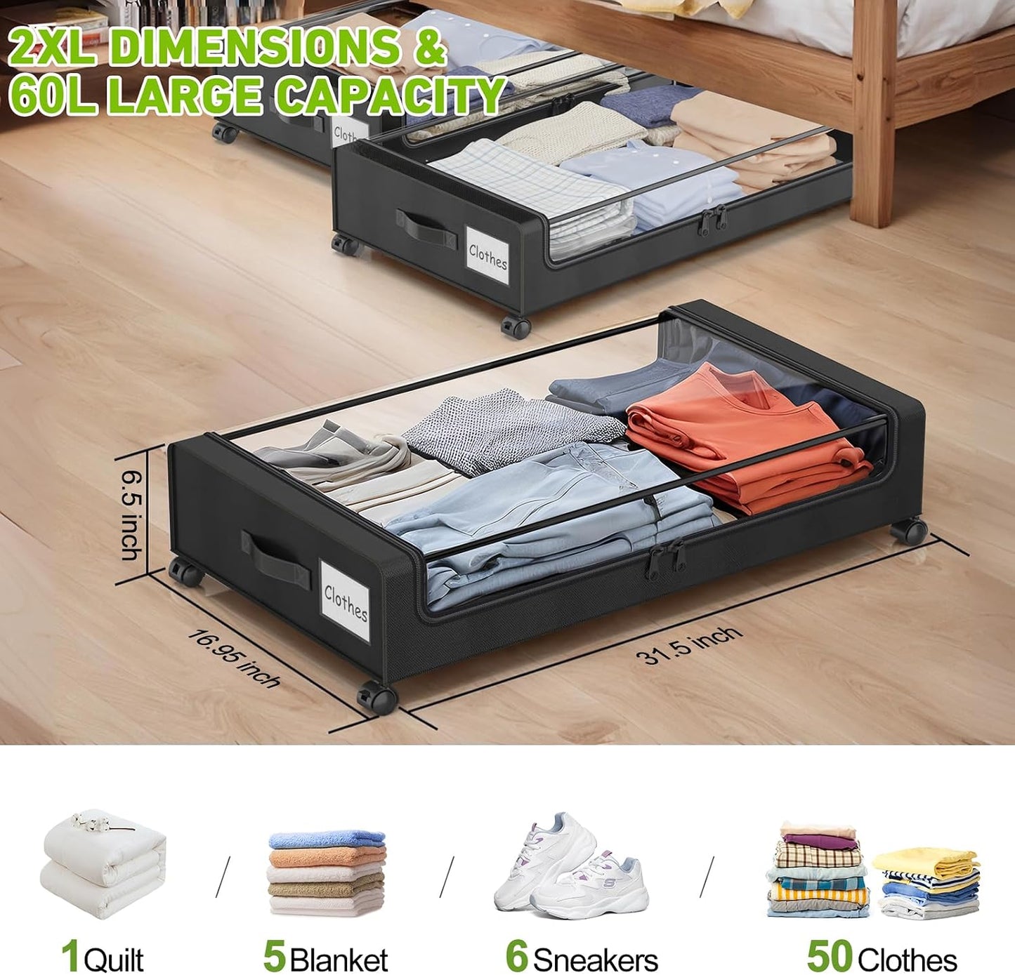 Beborxue Under Bed Storage with Wheels, 4-Pack Under Bed Storage Containers with Clear Lids, XXL 60L Under Bed Shoe Storage Organizer, Rolling Underbed Storage for Clothes, Shoes, Blankets (Beige)