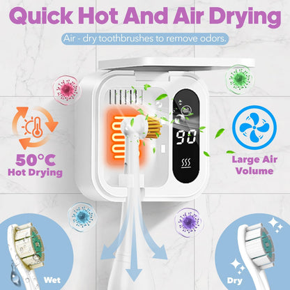 Toothbrush Sanitizer Case and Holders, DRMXBU Wall Mounted Toothbrush Holder with LED Screen, Rechargeable Travel Toothbrush Cleaner Case with Light Air Dry, Tooth Brush Covers for Bathrooms (White)