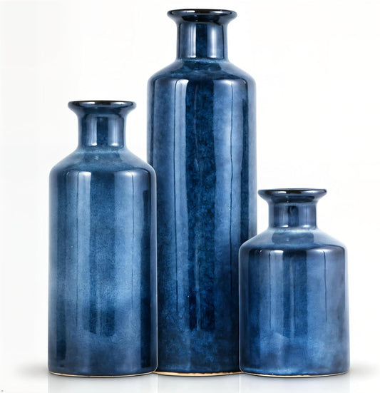 Mowtanco Blue Ceramic Vase Set of 3 Small Vases, Modern Farmhouse for Home Decor Bottles, Rustic Terracotta Vase Decorative Vases for Table,Fireplaces Decor, Bookshelf, Living Room