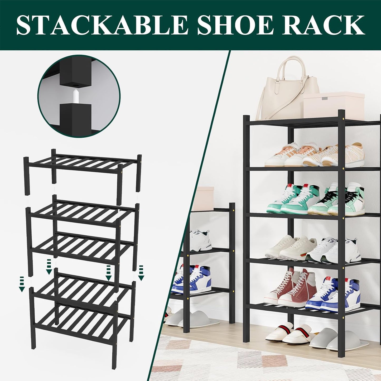 Smiry Bamboo Shoe Rack, 3 Tier Free Standing Wooden Shoe Organizer, Stackable Wood Shoe Storage Shelf for Closet, Entryway, 12 Vertical Slats, 2+1 Stack Standard Legs, 26.8"x11"x19.5", Natural