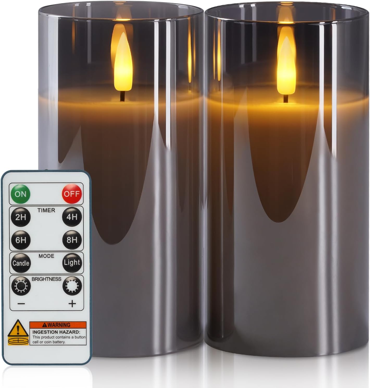 5plots Glass Battery Operated White Flameless Candles with Remote Timer, 3D Wick Real Wax Pillar Led Candles Warm Flickering Light for Indoor Home, Halloween, Christmas Decor, Set of 3, D3 x H4 5" 6"