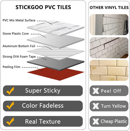 STICKGOO 20 Sheets Peel and Stick Backsplash Tile, Stick on Backsplash for Kitchen and Bathroom, White Sandstone Look PVC Mixed Metal Gold Self Adhesive Wall Tiles