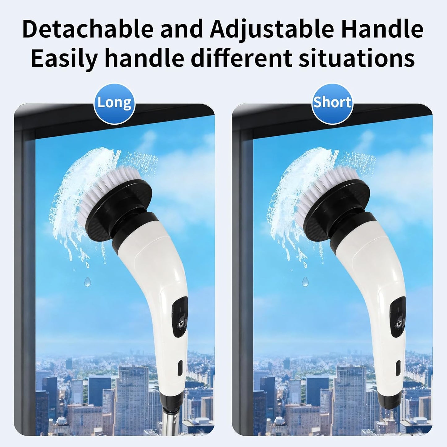 Rechargeable Electric Spin Scrubber, Waterproof Power Cleaner with 7 Brush Heads,1 Window Squeegee,2 Speeds Adjustable Long Handle for Bathroom, Floor, Shower, Tile & Kitchen Cleaning (White)