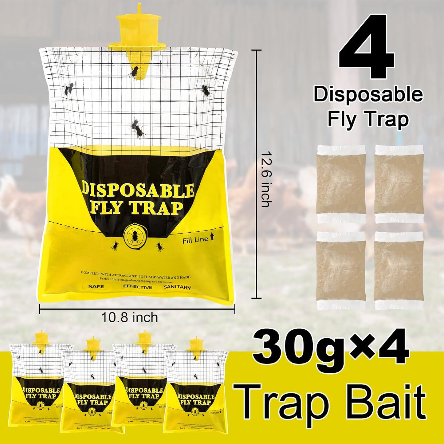Outdoor Fly Traps for Patio, 4 Pack Pre-Baited Big Fly Bags Outdoor Disposable, Hanging Fly Catcher Hunter Stable Horse Ranch Control Repellent Killer for Barn, Farm