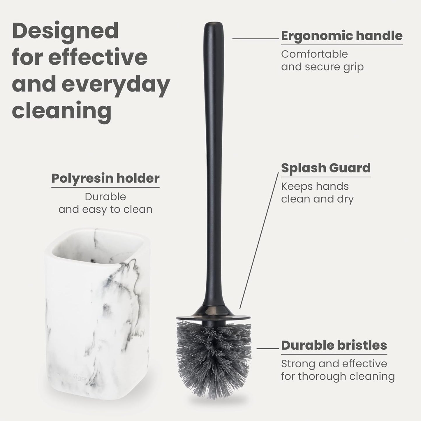 Vigar Zense Toilet Brush and Holder Set - Toilet Bowl Brush and Holder, Polyresin Stone Bathroom Accessory, Compact Toilet Cleaner Brush for Bathroom Decor and Toilet Accessories Set - White Marble