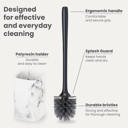 Vigar Zense Toilet Brush and Holder Set - Toilet Bowl Brush and Holder, Polyresin Stone Bathroom Accessory, Compact Toilet Cleaner Brush for Bathroom Decor and Toilet Accessories Set - White Marble
