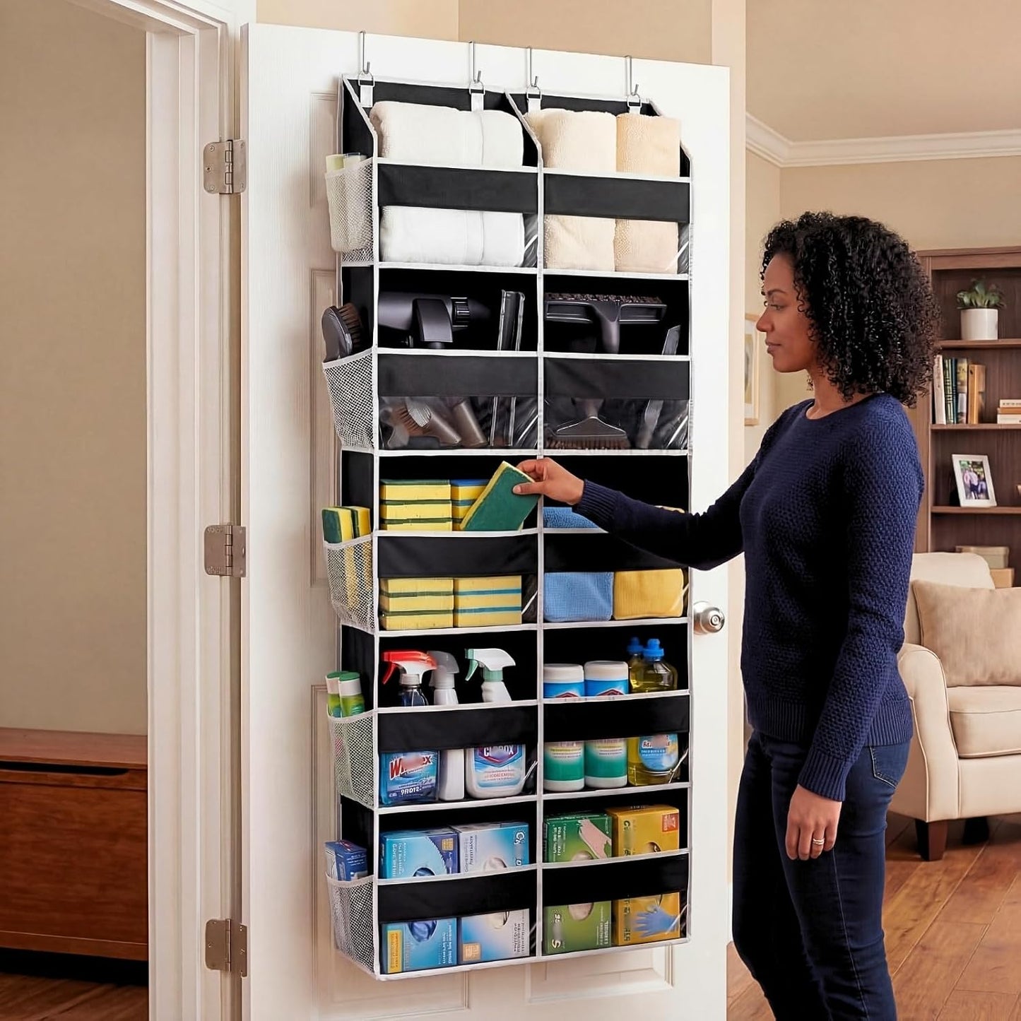 Over The Door Organizer, 5-Tier Extra Large Behind Door Storage with 10 Big Front & 10 Mesh Pockets, 80lb Capacity, Hanging Storage Organizer with Clear Window Kids Toys, Shoes, Diapers, Light Grey