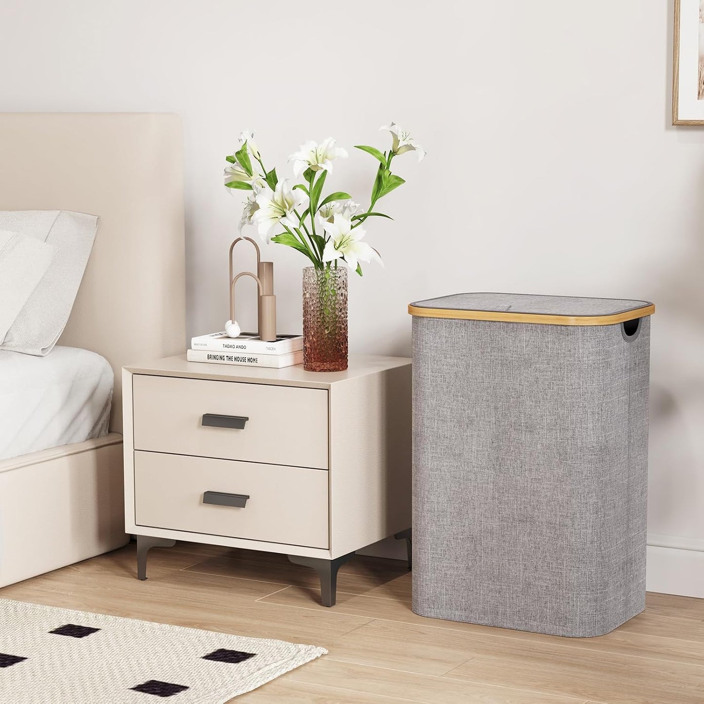 Lifewit 120L Laundry Basket with Lid, Clothes Hampers for Laundry with Bamboo Handles and 2 Removable Bag, Large Foldable Laundry Hamper for Bedroom, Bathroom, Dorm, Laundry Room, Beige