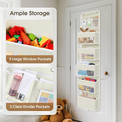 SpaceHacks 1 Pack Over The Door Organizer, Hanging Storage Organizer with Clear Window, 40lb Ultra Sturdy Large Capacity Room Organizer for Pantry Laundry Bathroom Nursery Closet Baby Essential (Grey)