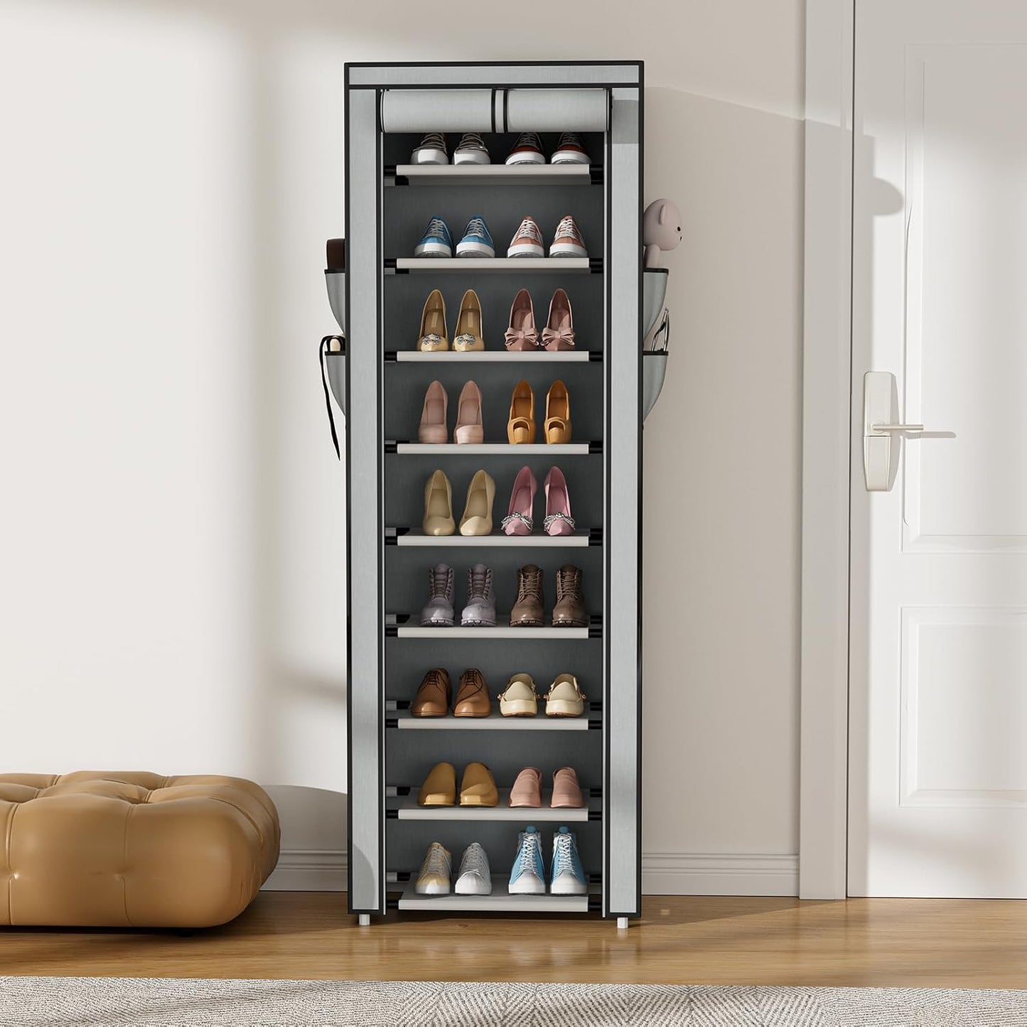 VILICK Shoe Rack with Cover Narrow Shoe Organizer with 4 Side Pockets 10 Tier Tall Shoe Storage Holds 18-22 Pairs Shoes and Boots Shoe Rack for Closet Entryway Garage