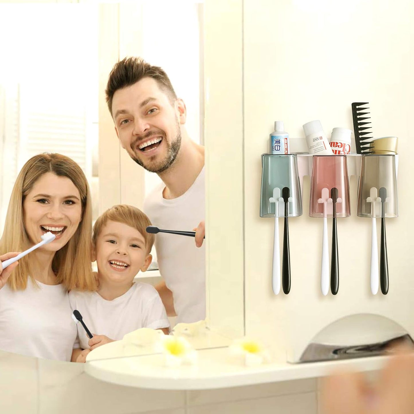 Goowin Toothbrush Holder for Bathroom, Eco-Friendly Mighty Large Capacity Toothbrush Holder Wall Mounted with 3 Square Cups for Family or Dormitory (Square Cup)