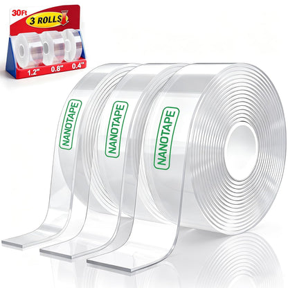 UGNEL 3 Rolls Double Sided Tape Heavy Duty - Total 30FT, Extra Strong Nano Tape Adhesive Strips Tape, Clear Mounting Tape Removable Two Sided Adhesive Tape for Walls, Posters, Rug, Picture Hanging
