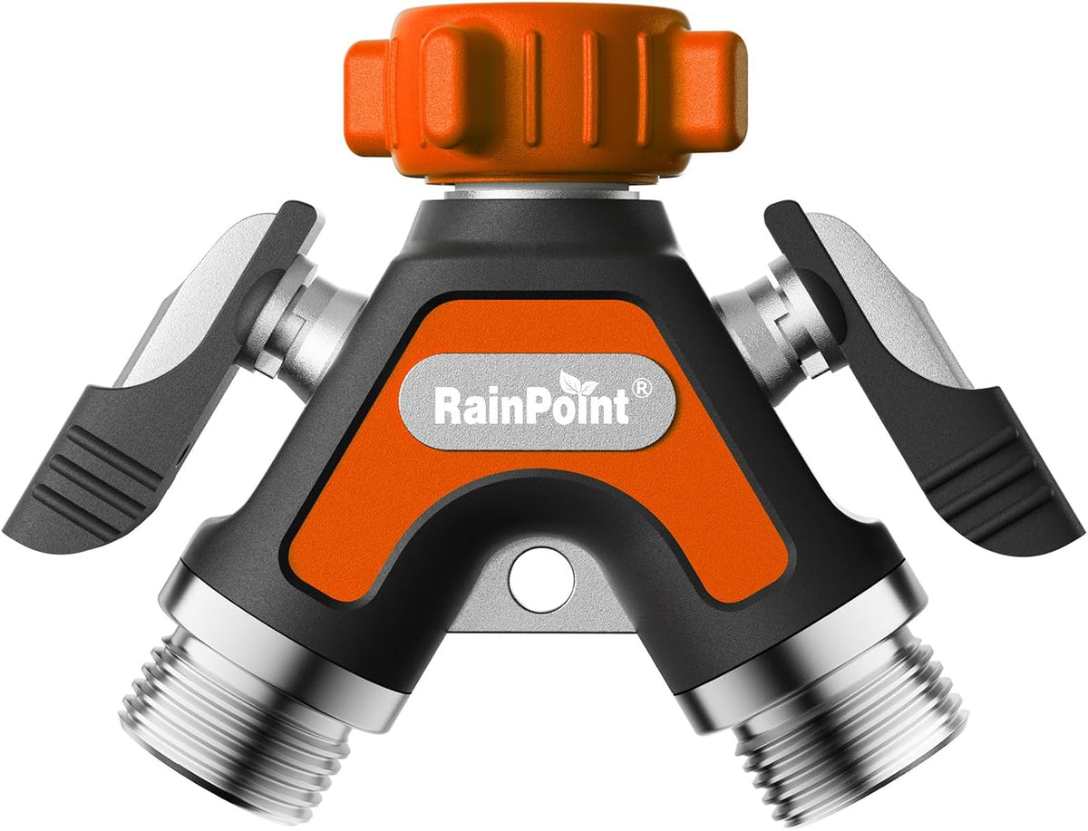 RAINPOINT Garden Hose Splitter 2 Way, All Metal Heavy Duty Water Hose Y Splitter With 2.05" Extra Long Side Handle & Shut Off Valves, 3/4 Inch GHT Thread Connector For Outdoor Spigot Faucet (Green)