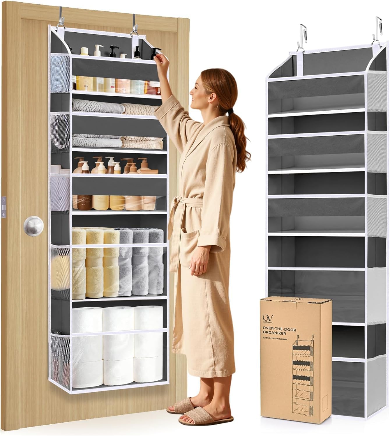 5 Tiers Over the Door Organizer with 10 Mesh Side Pockets, 44 lbs Weight Capacity Closet Hanging Storage Organizer with Large Clear Window Kids Toys, Shoes, Diapers, Beige