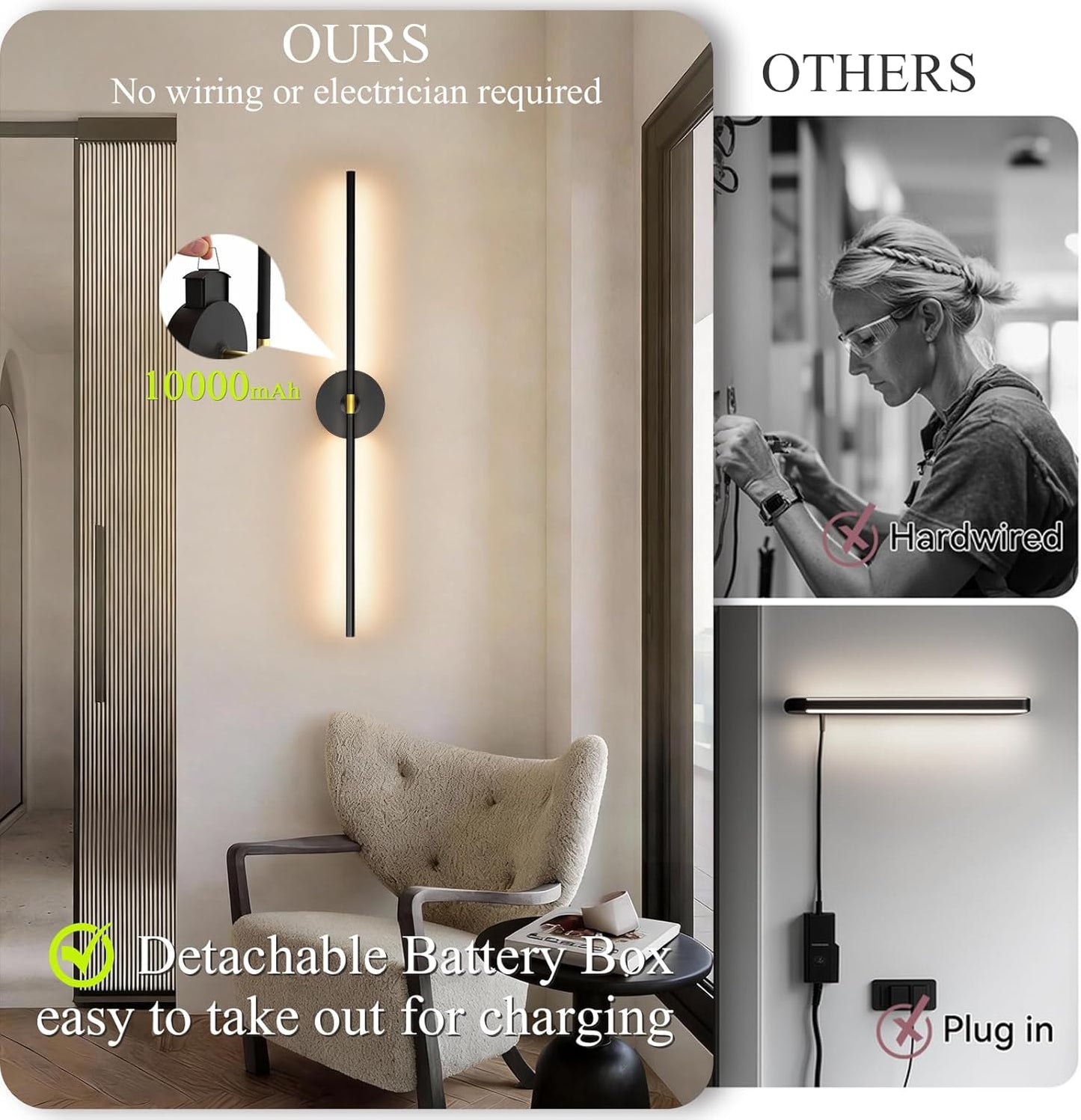 Battery Operated Wall Sconce Set of Two: Gold Wireless Rechargeable Wall Light with 10000mAh Detachable Battery and Remote, 360° Rotatable Scone Wall Decor for Bedroom Hallway Bathroom, 31.5inch