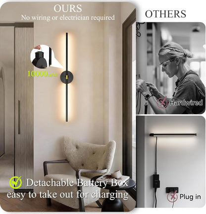 Battery Operated Wall Sconce Set of Two: Gold Wireless Rechargeable Wall Light with 10000mAh Detachable Battery and Remote, 360° Rotatable Scone Wall Decor for Bedroom Hallway Bathroom, 31.5inch