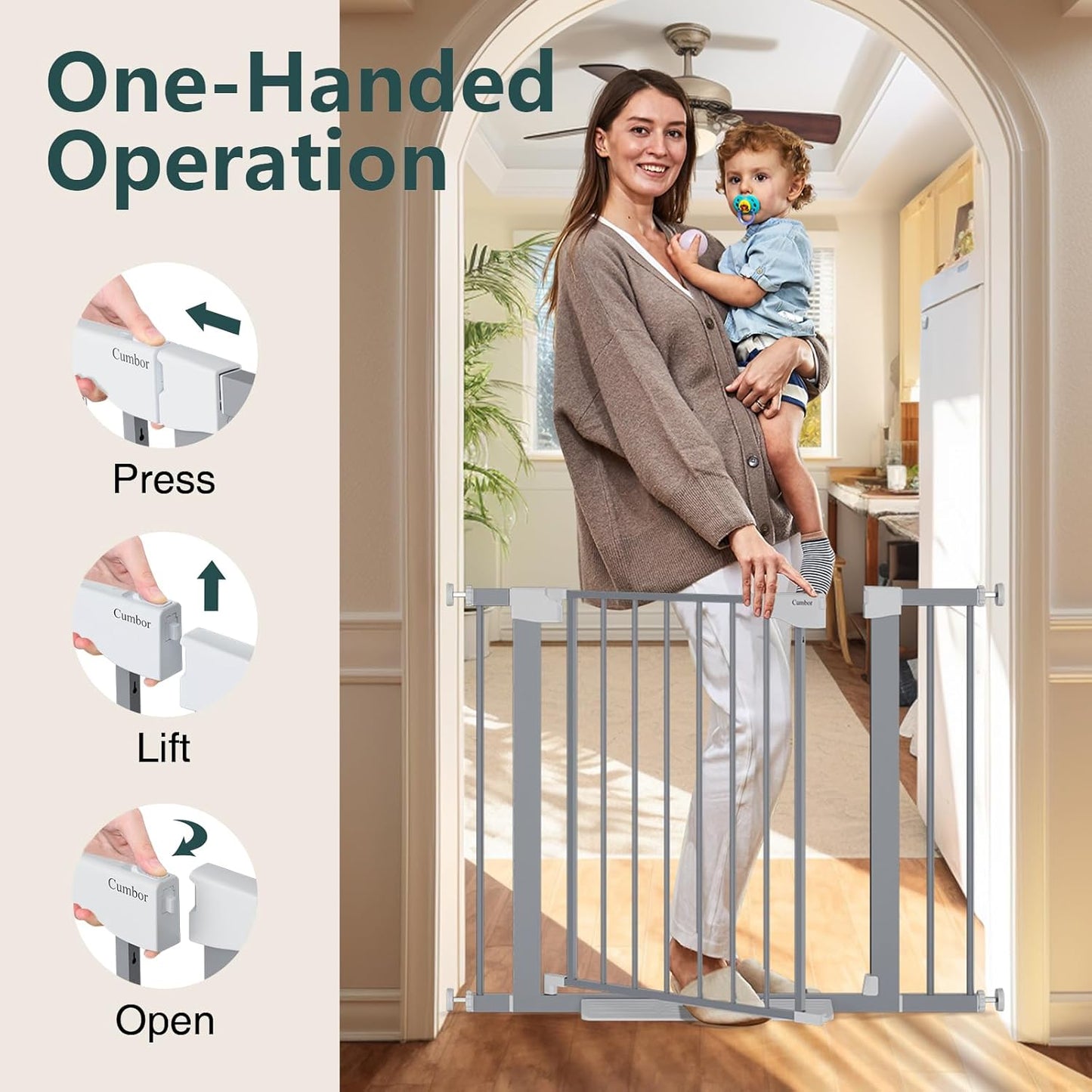 Cumbor 29.7-48" Baby Gate for Stairs, Mom's Choice Awards Winner-Dog Gate for Doorways, Auto Close Safety Pet Gate for Dogs Indoor, Easy Install Pressure Mounted Child Gate with Walk Thru Door, Brown