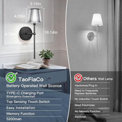 TaoFiaCo Battery Operated Wall Sconces Set of 2, Wireless Wall Sconce with Remote Dimmable Timer, Rechargeable 5200mAh, Cordless Wall Light for Bedroom Living Room, Hallway, Light Decor