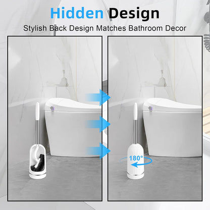 Toilet Brush and Holder Set, Curved Toilet Brush with Stainless Steel Handle, Under Rim Toilet Bowl Brush for Deep Cleaning, Drip-Proof, White