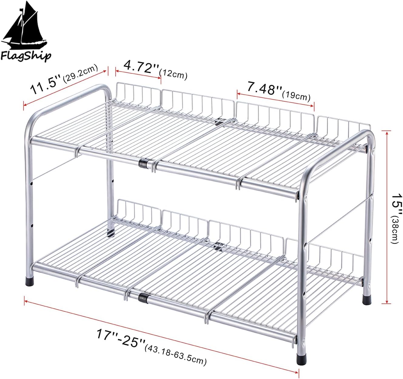 FlagShip 2 Tier Under Sink Organizers and Storage Rack Expandable Cabinet Shelf for Kitchen Bathroom Silver (17-25 inches)