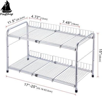 FlagShip 2 Tier Under Sink Organizers and Storage Rack Expandable Cabinet Shelf for Kitchen Bathroom Silver (17-25 inches)