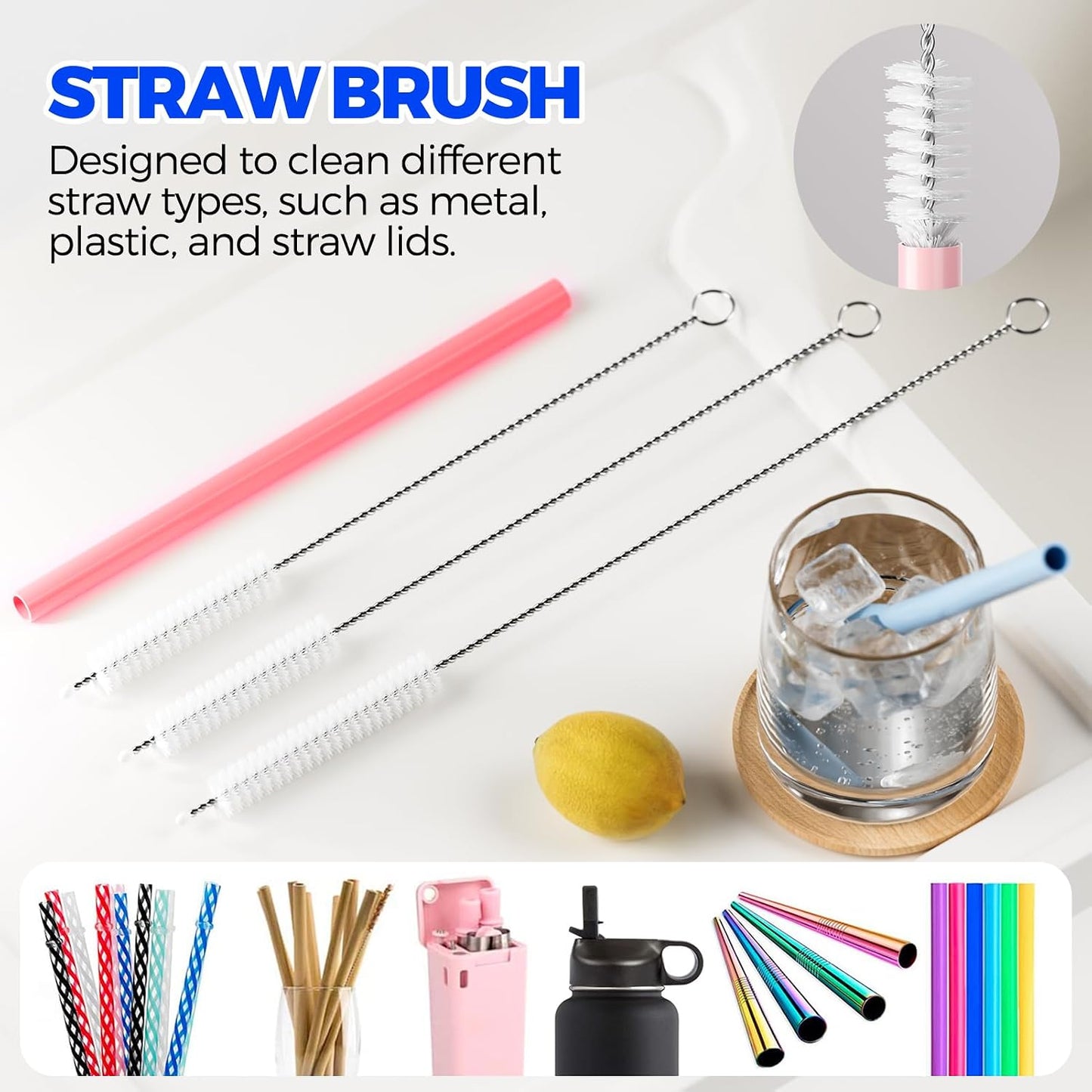 6 Pack Holikme 4 in 1 Cup Lid Cleaning Brush Set with 3 Straws, Multifunctional Bottle Brush, Silicone Cup Lid Gap Cleaner, Bristle Crevice Cleaning Brush, Flat End Brushes, Navy & Black & Olive