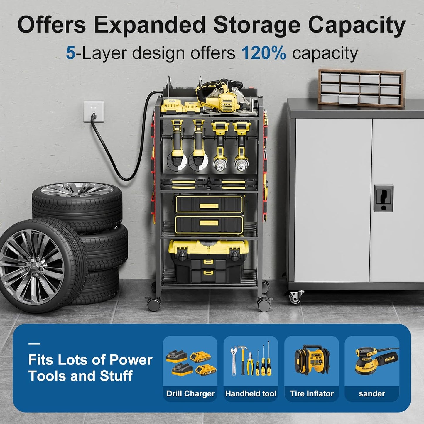 5-Tier Power Tool Organizer Cart with Charging Station - 8 AC Outlets, 300 lbs Heavy Duty Utility Rack, Rolling Drill Holder & Tool Storage Cart on Wheels for Garage, Workshop, Gift,Red