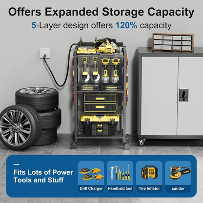 5-Tier Power Tool Organizer Cart with Charging Station - 8 AC Outlets, 300 lbs Heavy Duty Utility Rack, Rolling Drill Holder & Tool Storage Cart on Wheels for Garage, Workshop, Gift,Red
