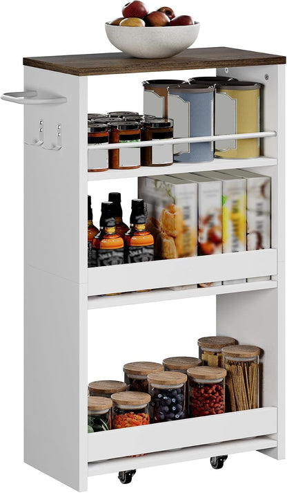 ChooChoo 4-Tier Slim Storage Cart, 7.87 inches Wide Narrow Storage Cabinet with 360° Wheels and 2 Hooks, Space-Saving Organizer for Kitchen, Narrow Places, Dining Room, Walnut+White