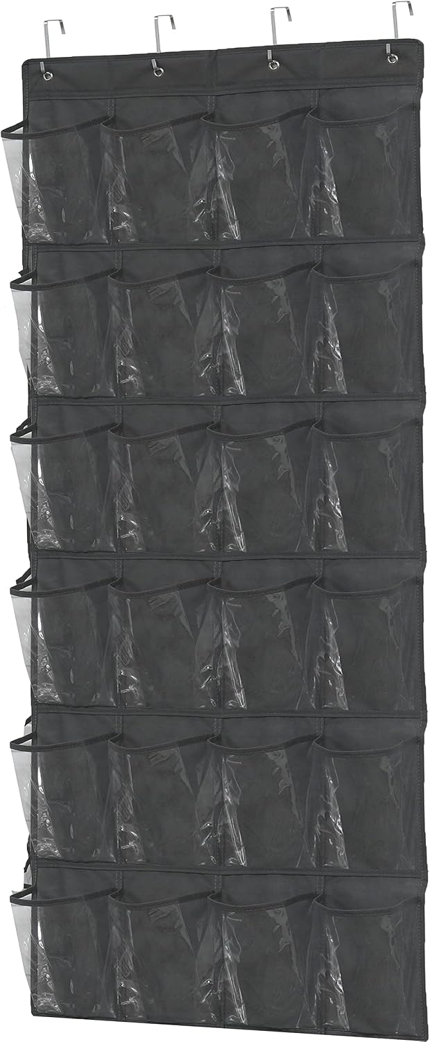 Simple Houseware 24 Pockets - Crystal Clear Over The Door Hanging Shoe Organizer, Gray (64'' x 19'')