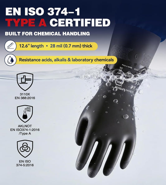 AnTools 2 Pairs Heavy-Duty Chemical Resistant Rubber Gloves, Protective Industrial Gloves for Cleaning, Dishwashing, Resist Acid, Alkali, Hazmat, Black, X-Large