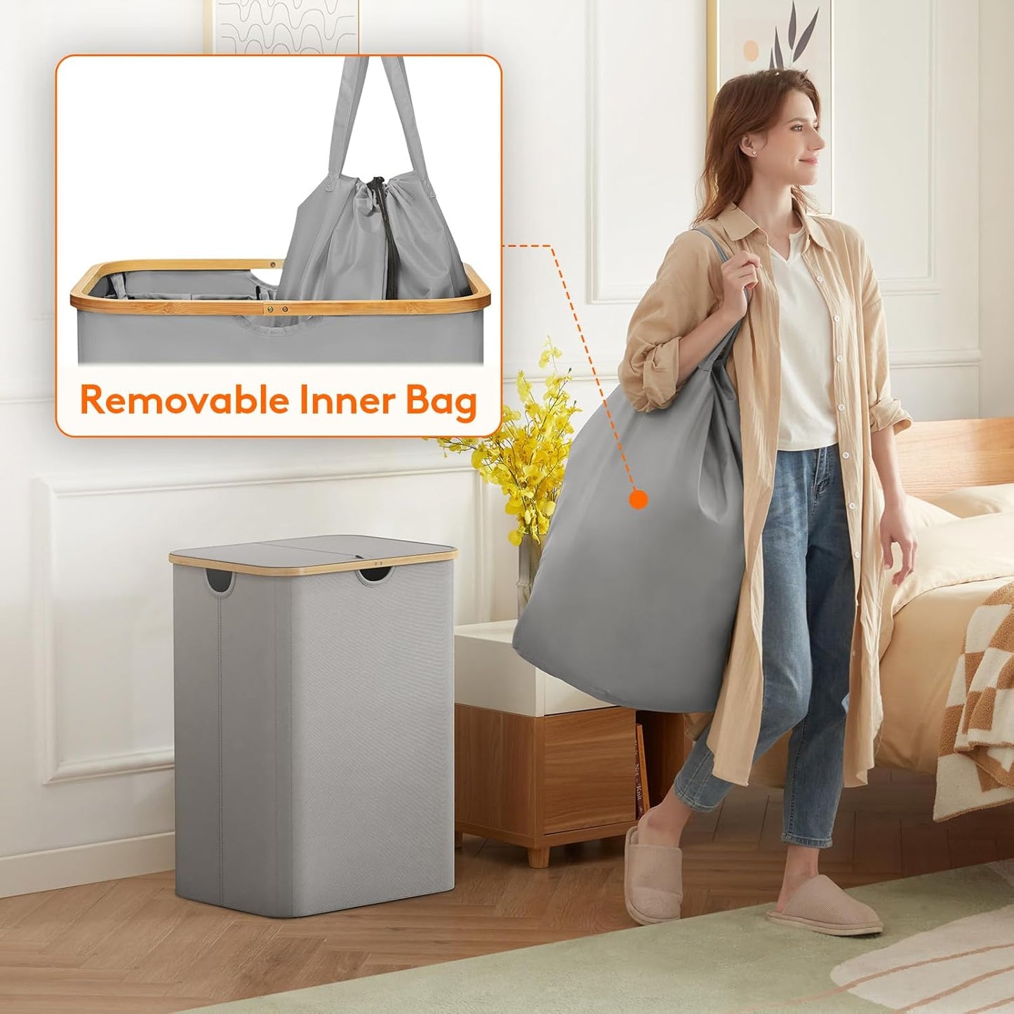 Lifewit 120L Laundry Basket with Lid, Clothes Hampers for Laundry with Bamboo Handles and 2 Removable Bag, Large Foldable Laundry Hamper for Bedroom, Bathroom, Dorm, Laundry Room, Beige