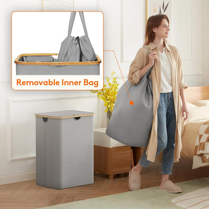 Lifewit 120L Laundry Basket with Lid, Clothes Hampers for Laundry with Bamboo Handles and 2 Removable Bag, Large Foldable Laundry Hamper for Bedroom, Bathroom, Dorm, Laundry Room, Beige