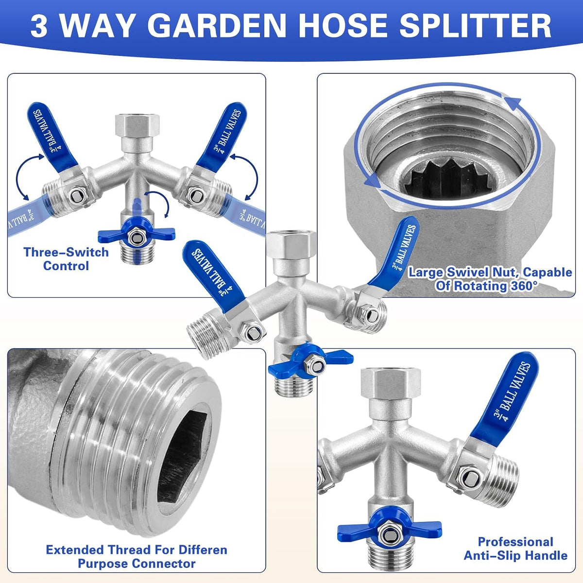 Garden Hose Splitter, 304 Stainless Steel 2 Way Hose Splitter with Long Handle, Heavy Duty Hose Y Spigot Splitter with Shutoff Valves, 3/4" GHT Thread Outdoor Faucet Splitter