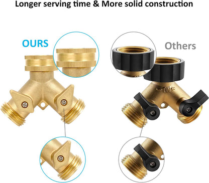 STYDDI Garden Hose Splitter 2 Way Heavy Duty, Solid Brass 2-Way Water Hose Splitter, Outdoor Faucet Spigot Splitter Two Way Connector, Y Valve Garden Tap Hose Adapter with 3 Hose Washers