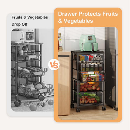 4 Tier Kitchen Rolling Cart, Kitchen Storage Cart with Wheels, Adjust Pantry Organizer and Storage Cart with Drawer, Fruit Vegetable Spice Storage Cart, Wooden Top Metal Kitchen Organizer Rack Stand