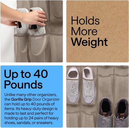 GORILLA GRIP Over the Door Shoe Organizer, 24 Large Breathable Mesh Pockets, Space Saving Hanging Storage Holder, Closet Rack Hanger Holds Up to 40 lbs, Hangs on Closets for Shoes, Accessories, Grey