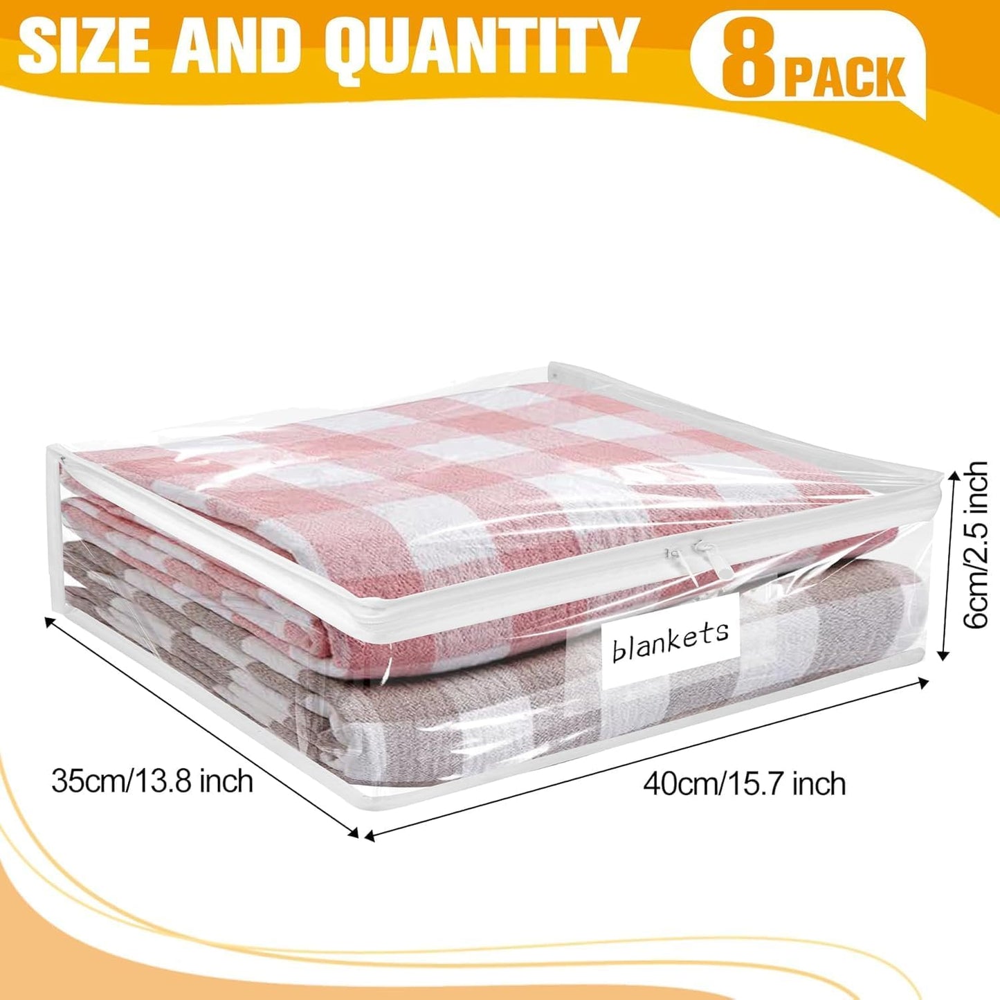 Plastic Storage Bags with Easy-Glide Zipper, Pack of 8, Durable Clear Vinyl Zippered Storage Bags for Clothes Sweaters Comforters Blankets Sheets Bedding (15.7 x 13.8 x 3.9 Inch, White)